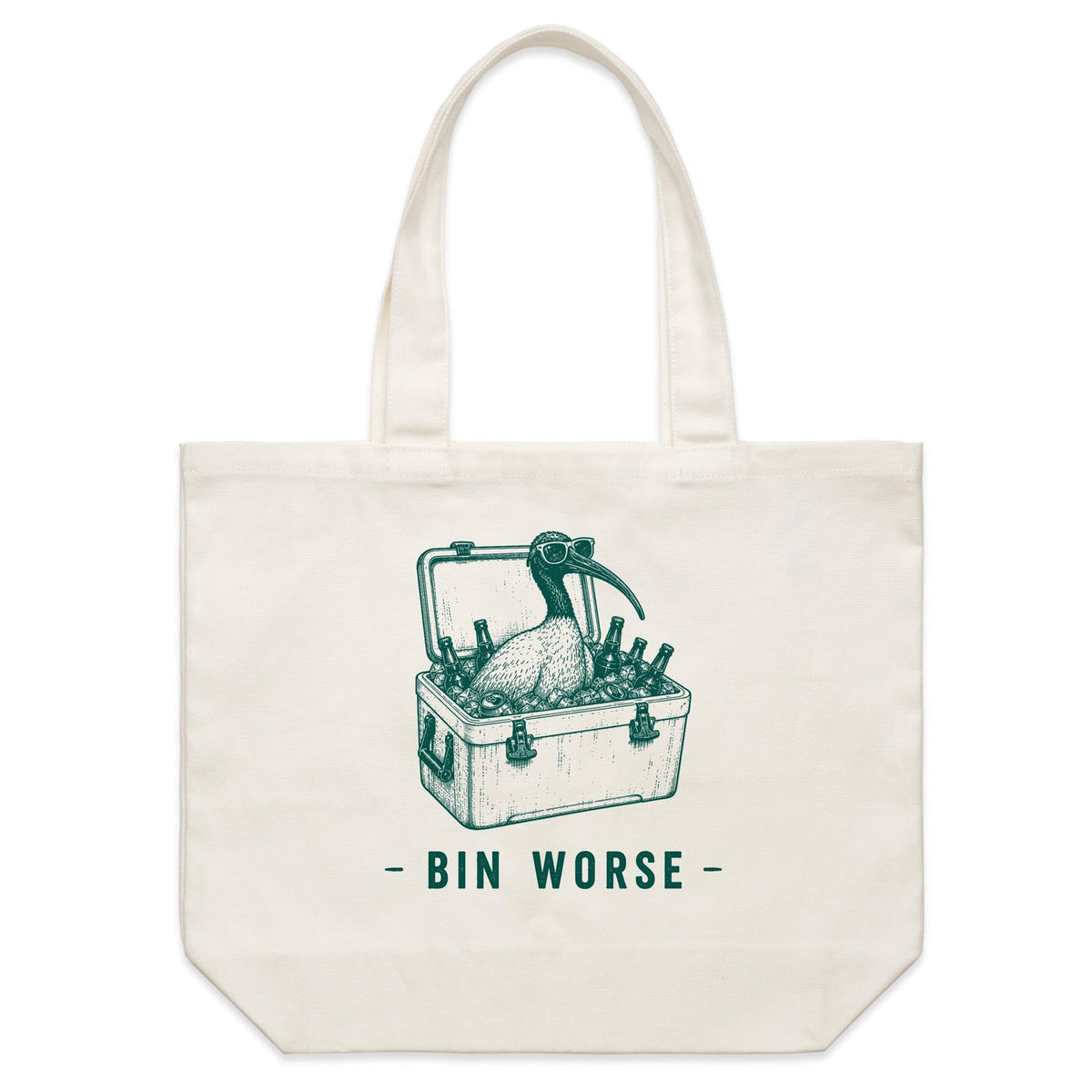 Bin Worse canvas tote bag with green cooler artwork